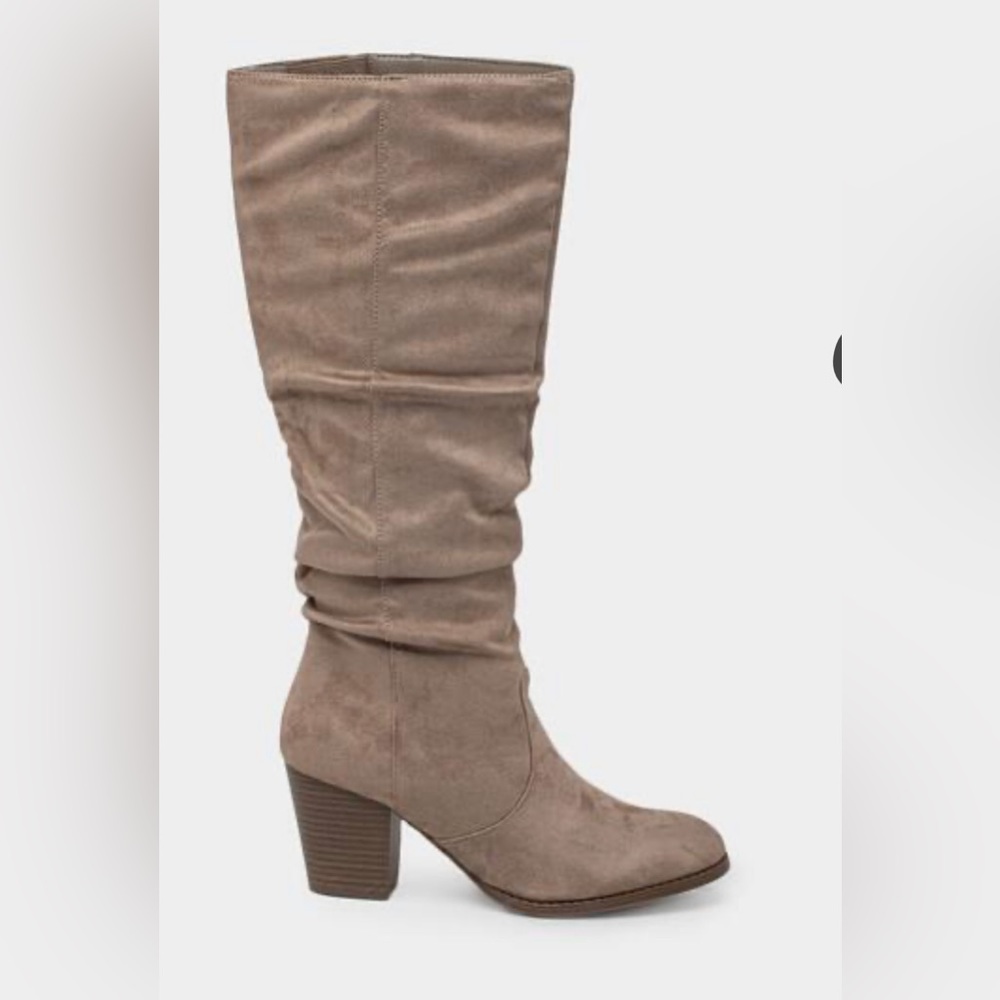Qupid Tyson Ruched Knee High Boots, Size 8, Gently Used, Taupe/Tan, 3” heels